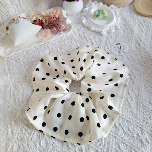 Cream White Polka Dot Silk Scrunchie