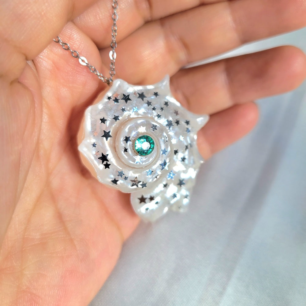 Sea Shell Necklace Fairy Tale Nautilus Pendant, Star Sequin Jewelry