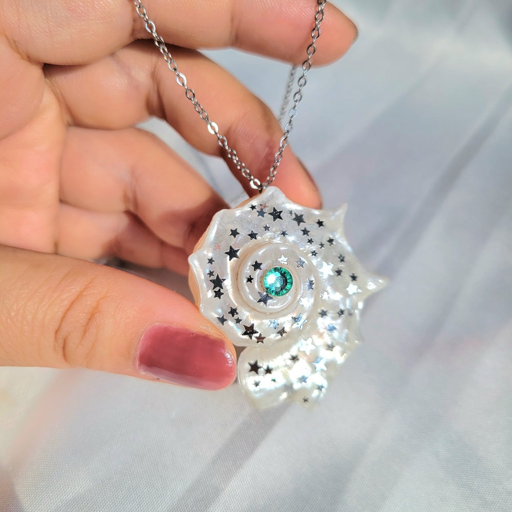 Sea Shell Necklace Fairy Tale Nautilus Pendant, Star Sequin Jewelry