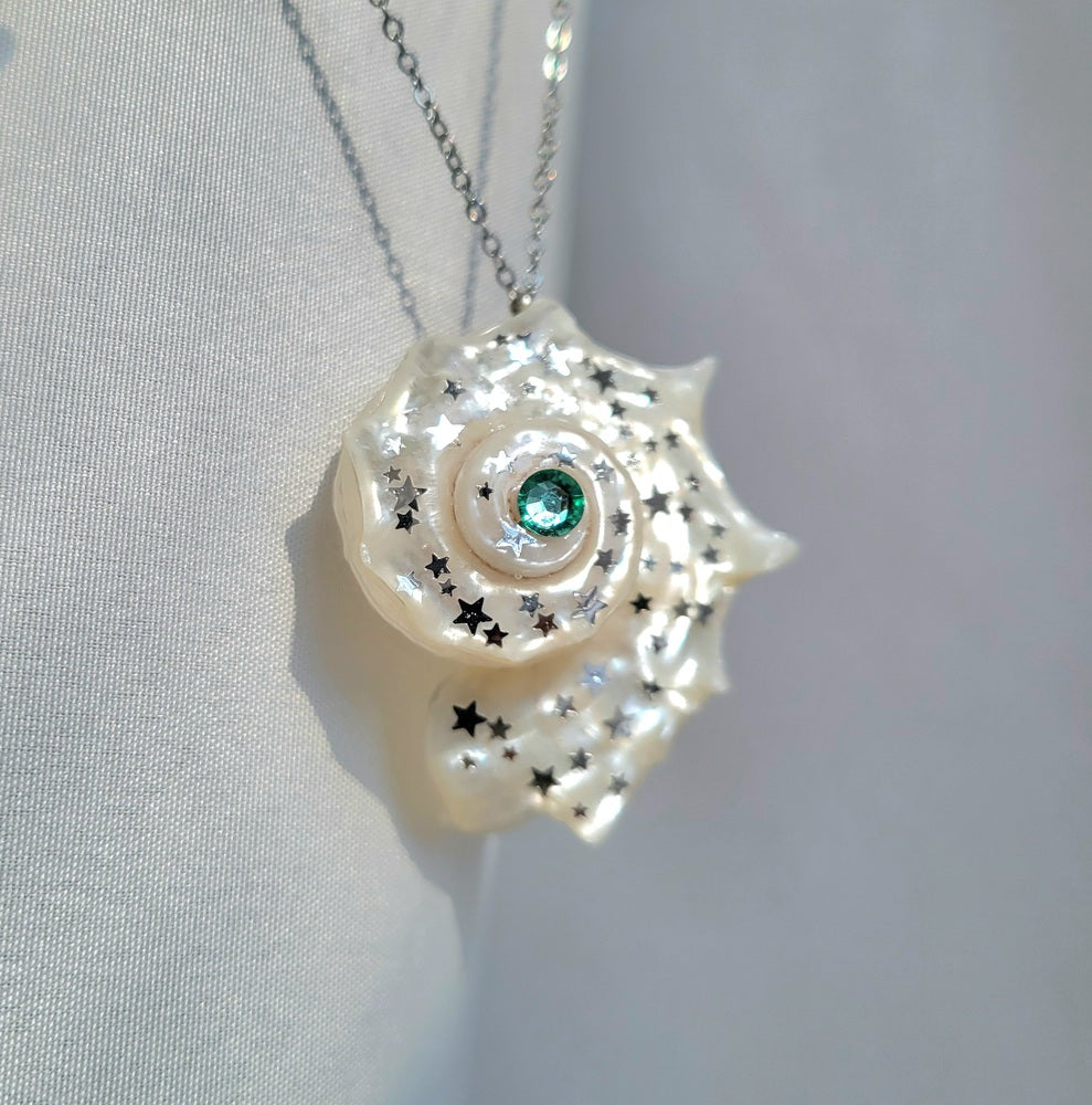 Sea Shell Necklace Fairy Tale Nautilus Pendant, Star Sequin Jewelry