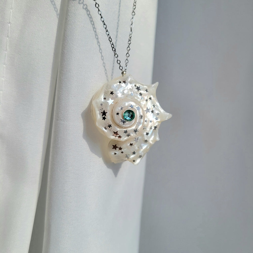 Sea Shell Necklace Fairy Tale Nautilus Pendant, Star Sequin Jewelry