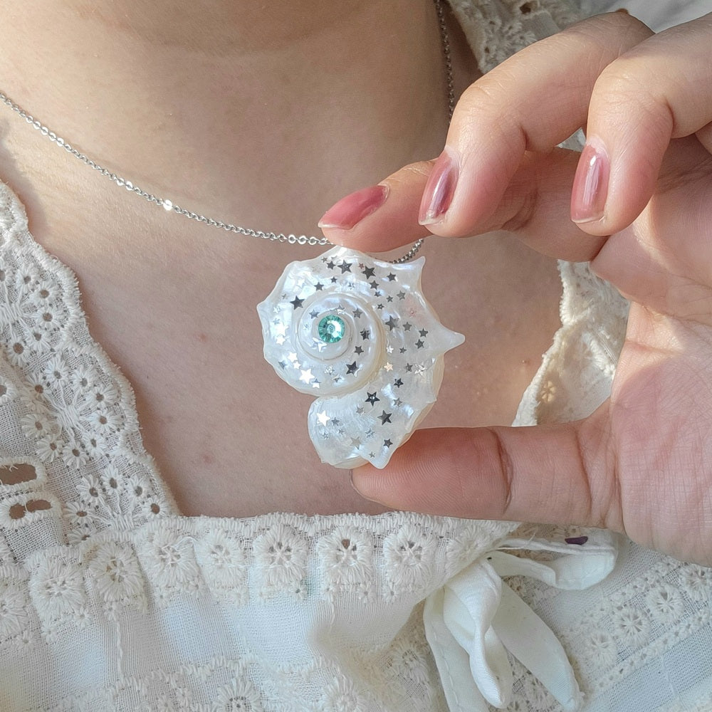 Sea Shell Necklace Fairy Tale Nautilus Pendant, Star Sequin Jewelry